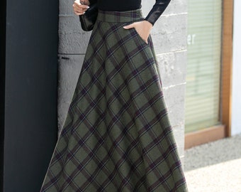 Wool Skirt, Long Wool plaid Skirt Women, High Waisted Skirt, Winter Skirt, A-Line Skirt, Elastic Waist Wool Skirt, Custom skirt L0451