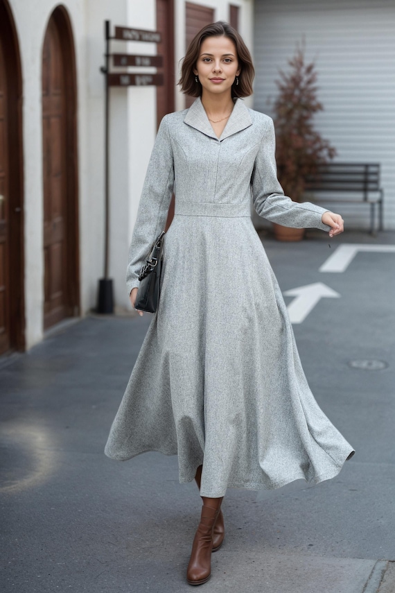 Gray Winter Wool Dress, Wool Midi Dress, Swing Wool Dress, Long Sleeves  Wool Dress, Fit and Flare Dress, Womens Retro Wool Dress L0531
