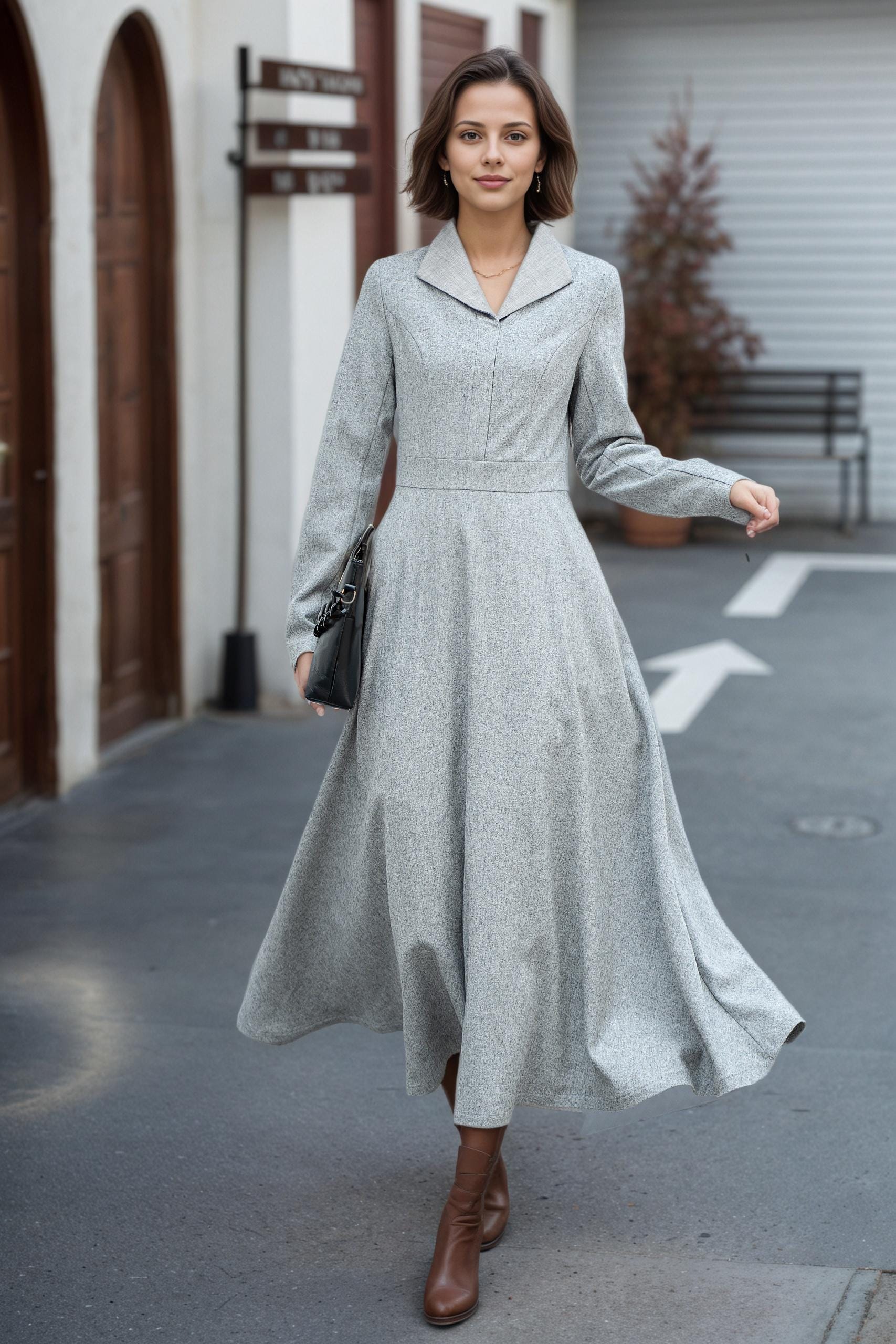 Gray Winter Wool Dress, Wool Midi Dress, Swing Wool Dress, Long