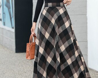 Plaid Wool Skirt, Wool Maxi Skirt Women, Winter Skirt Women