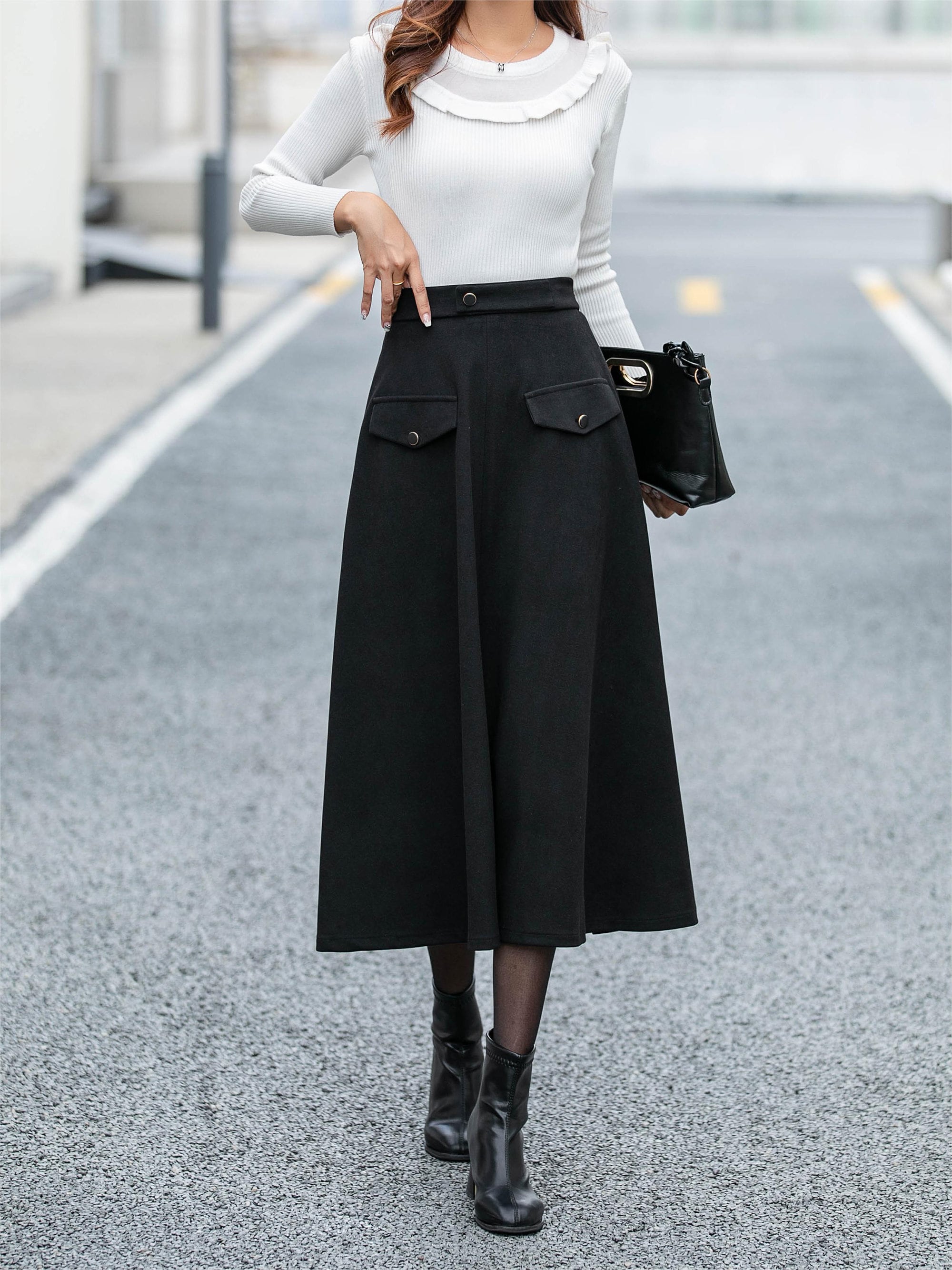 Black Midi Wool Skirt, Womens Swing Wool Skirt, High Waisted Skirt