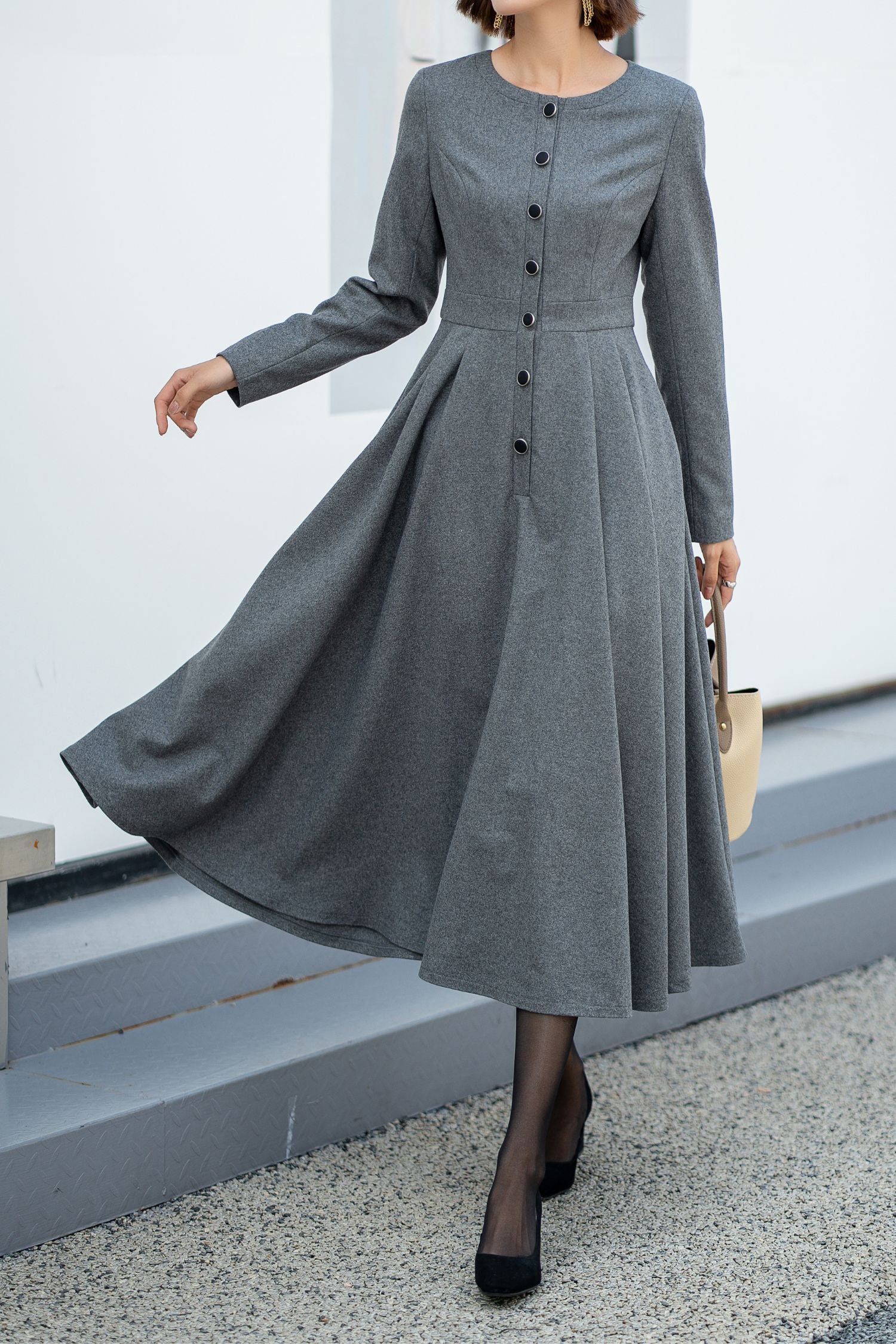 grey wool long sleeve dress Grey Wool Midi Dress  Long Sleeve Elegant Winter Dress with Pockets 3849 Grey / XS