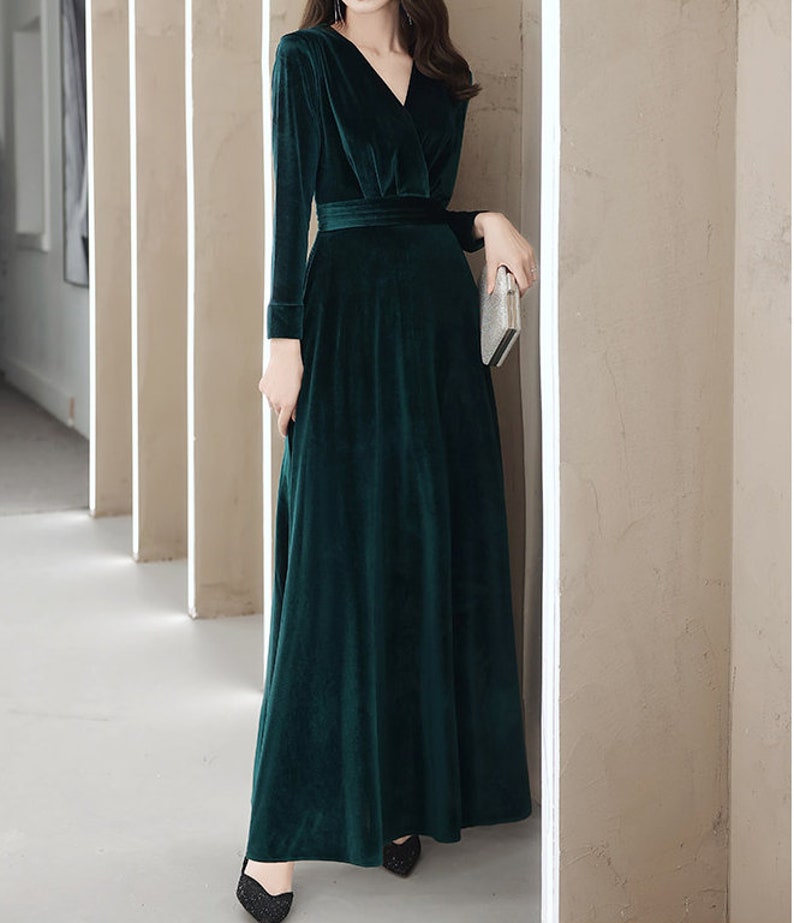 Women's Green Maxi Velvet Dress Long Sleeve Bridesmaid - Etsy