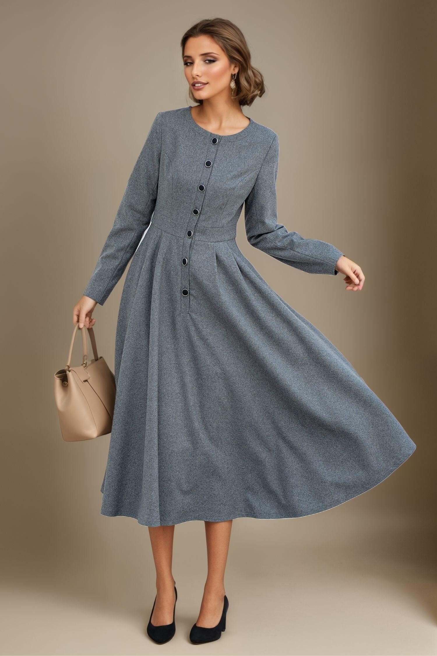 Gray Wool Dress, Midi Wool Dress, Winter Wool Dress Women
