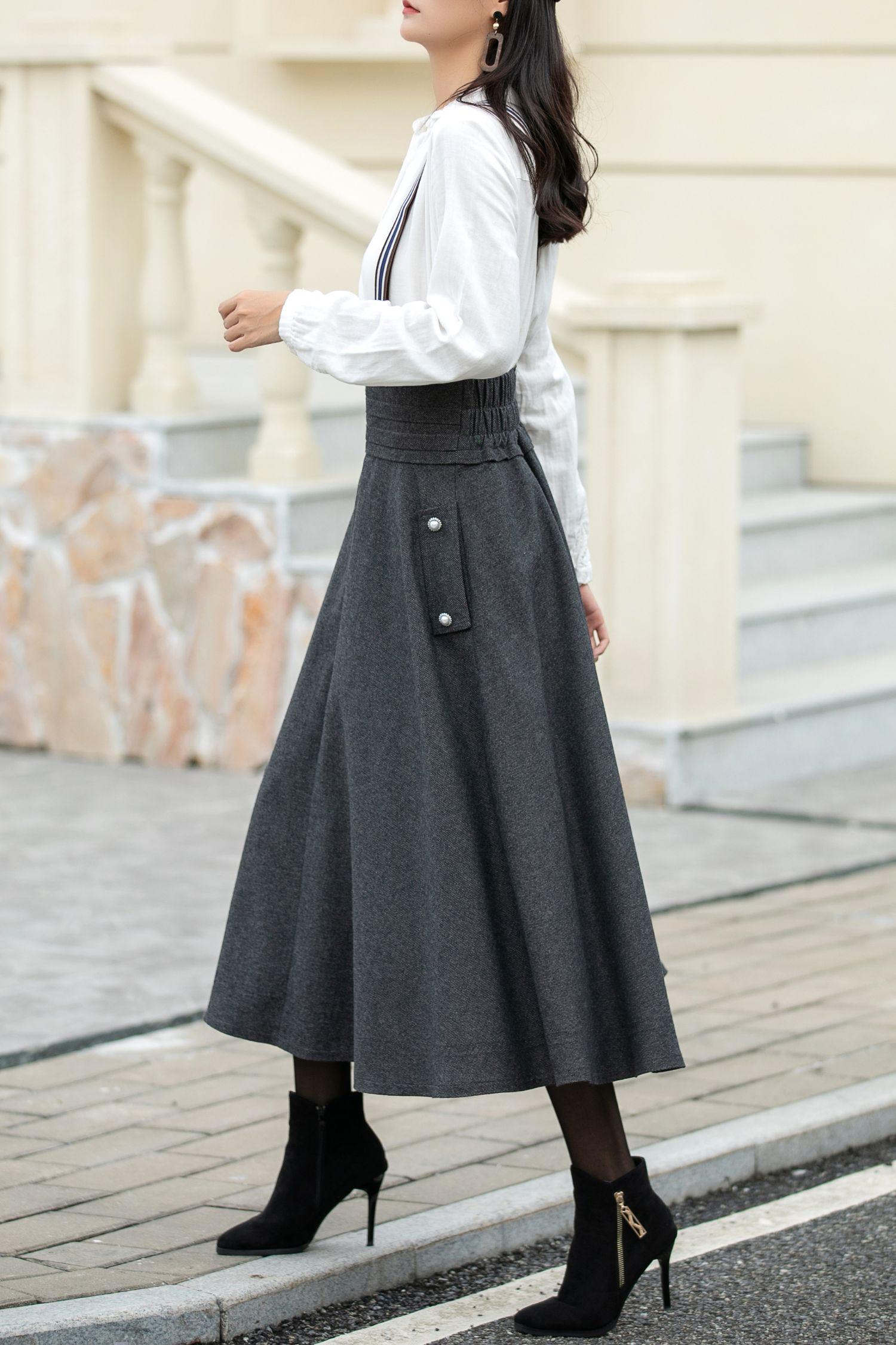 Suspender Wool Skirt, Womens Gray Wool Skirt, Midi Wool Skirt