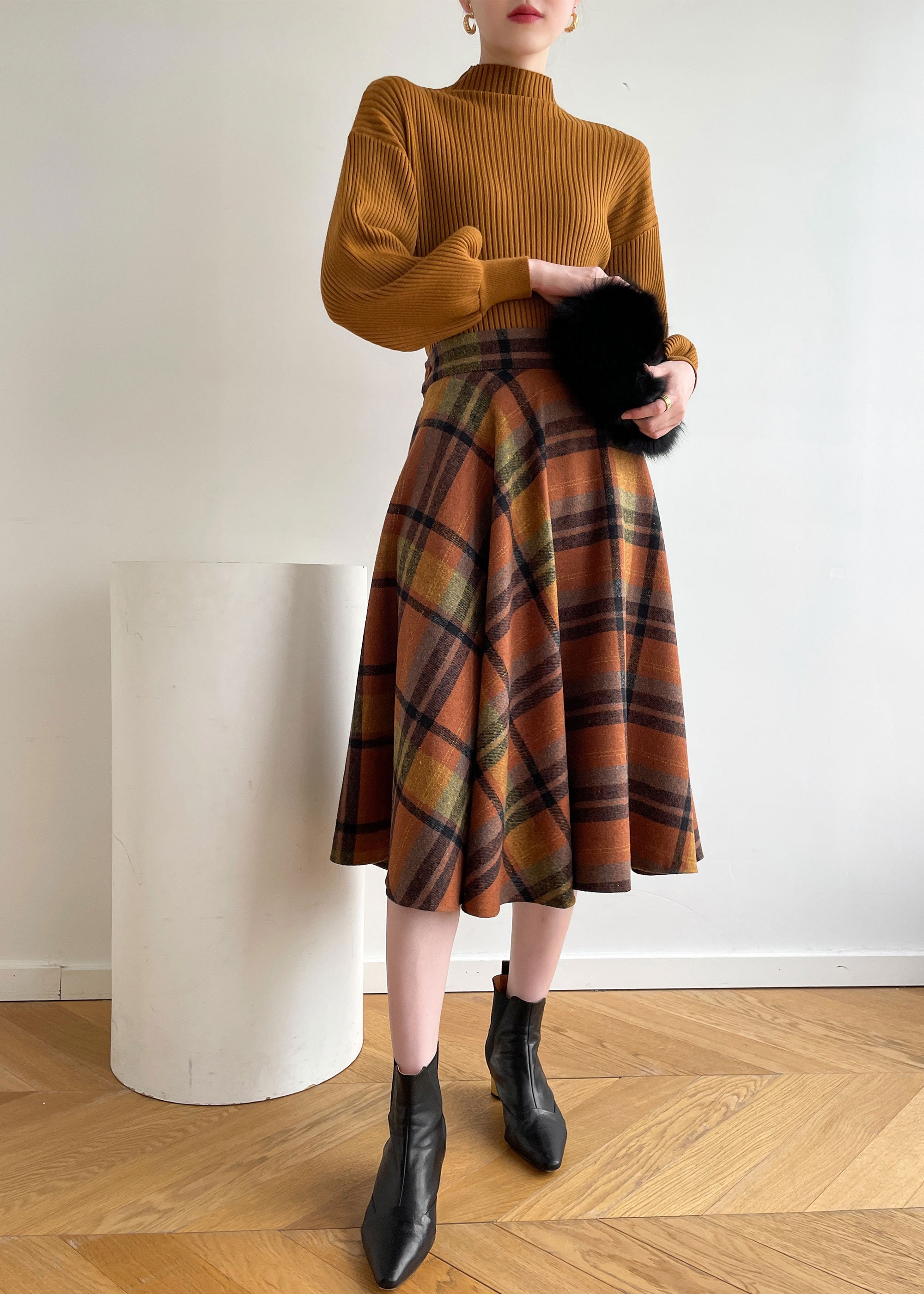 Plaid Wool Midi Skirt Women Plaid Skirt Wool Circle Skirt Etsy