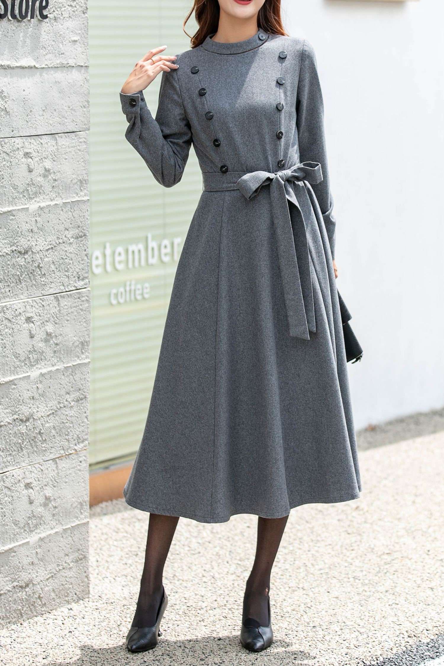 Wool Dress, Long Wool Dress, Fitted and Flare Dress, Gray