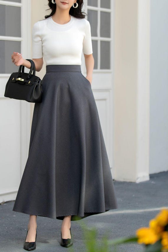 Plus Size A-line Charcoal Gray Long Maxi Skirt, Womens Skirt