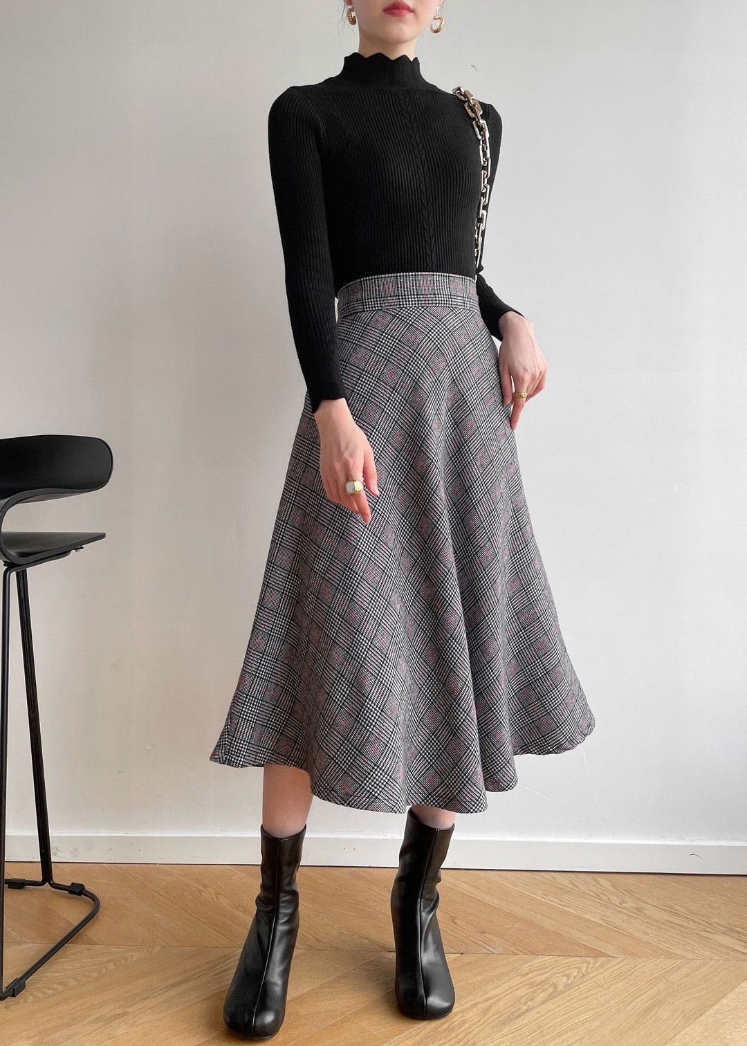 ★2023FW新作★GENERAL IDEA★WOOL KNIT TWEED MIDI SKIRT Plaid Wool Midi Skirt Women, Winter Warm Skirt, A-line Wool