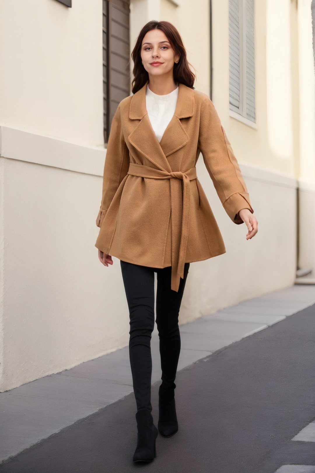 ジャケット・アウター CAEL handmade wool buckle short coat Organic Cashmere Wrap Coat Short Overcoat Wool Cashmere