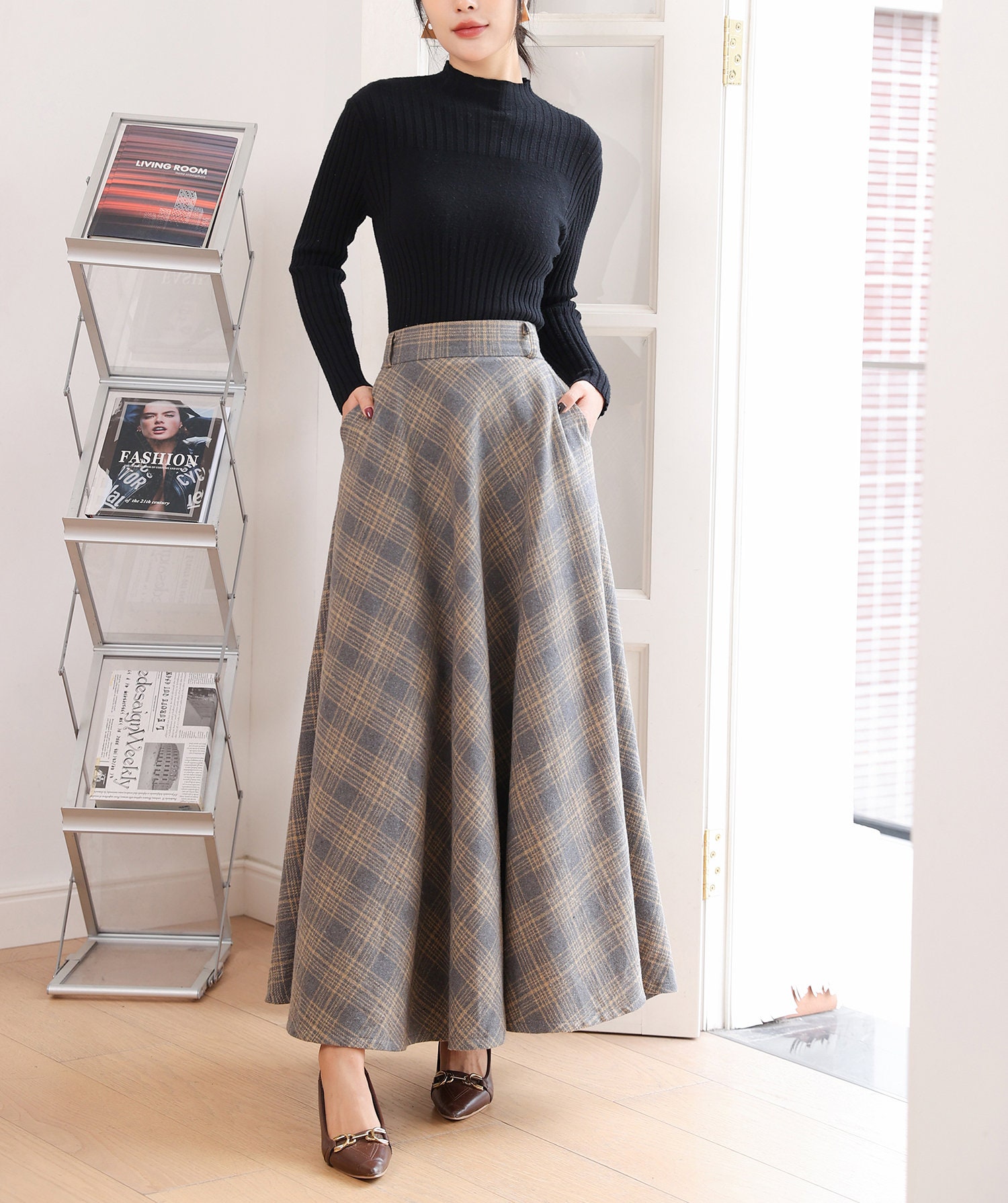 Women's Long Wool Maxi Plaid Skirt, Wool Maxi Skirt Women