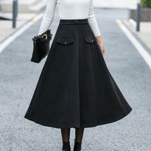 Black Midi Wool Skirt, Womens swing wool skirt, high waisted skirt, A Line skirt for women, Autumn winter wool skirt, custom skirt L0480