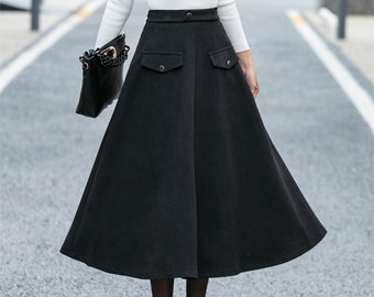 Black Midi Wool Skirt, Womens swing wool skirt, high waisted skirt, A Line skirt for women, Autumn winter wool skirt, custom skirt L0480