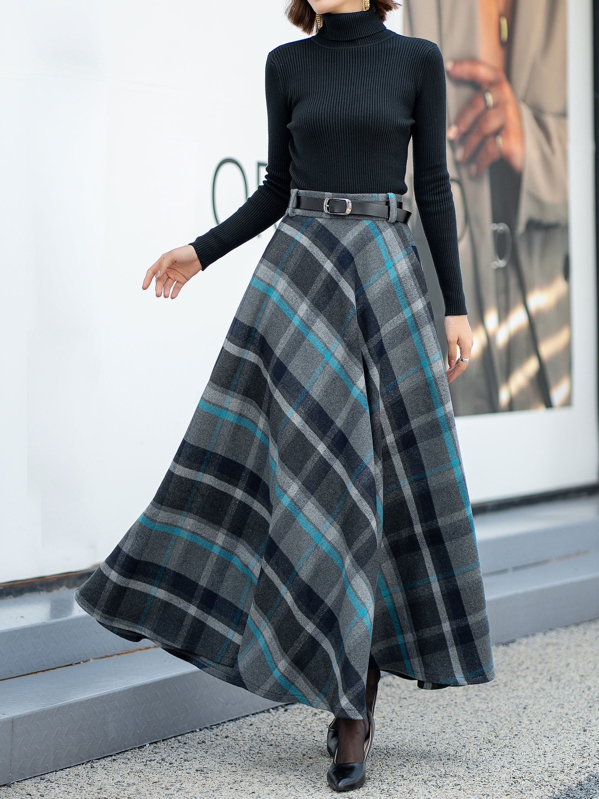 Plaid Wool Skirt, Wool Maxi Skirt Women, Winter Skirt Women