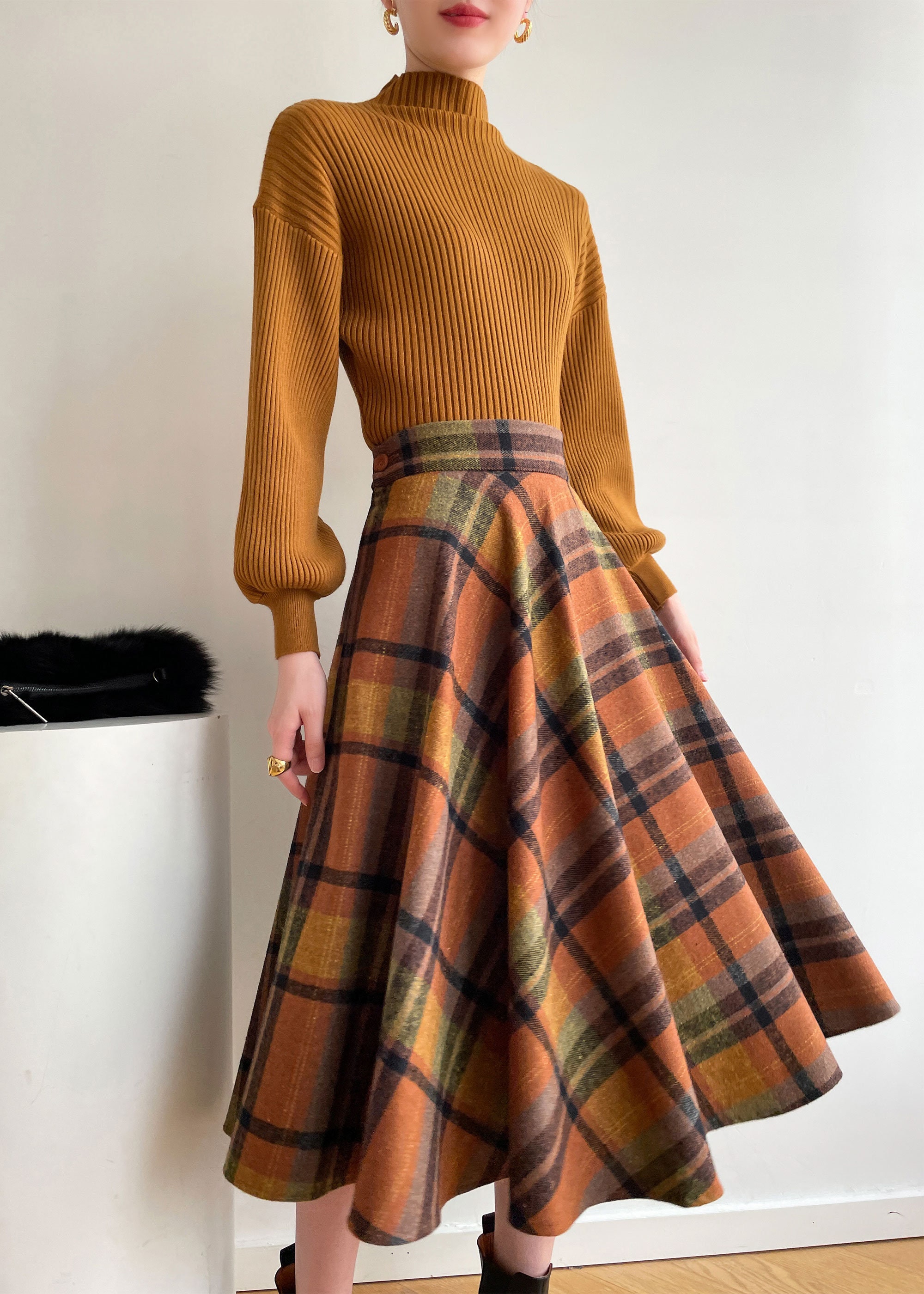 Plaid Wool Midi Skirt Women Plaid Skirt Wool Circle Skirt Etsy