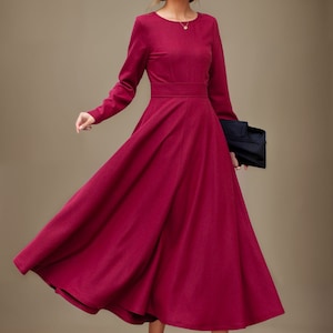 Wool dress, Winter Wool Dress, Burgundy Wool Dress, Long Sleeves Dress, Fit and Flare Dress, Womens Dresses, Made to Order L0642