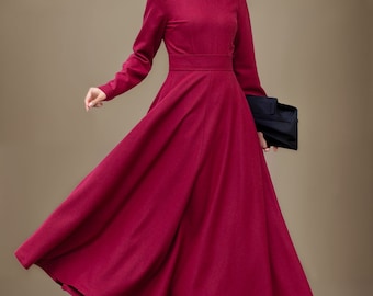 Wool dress, Winter Wool Dress, Burgundy Wool Dress, Long Sleeves Dress, Fit and Flare Dress, Womens Dresses, Made to Order L0642