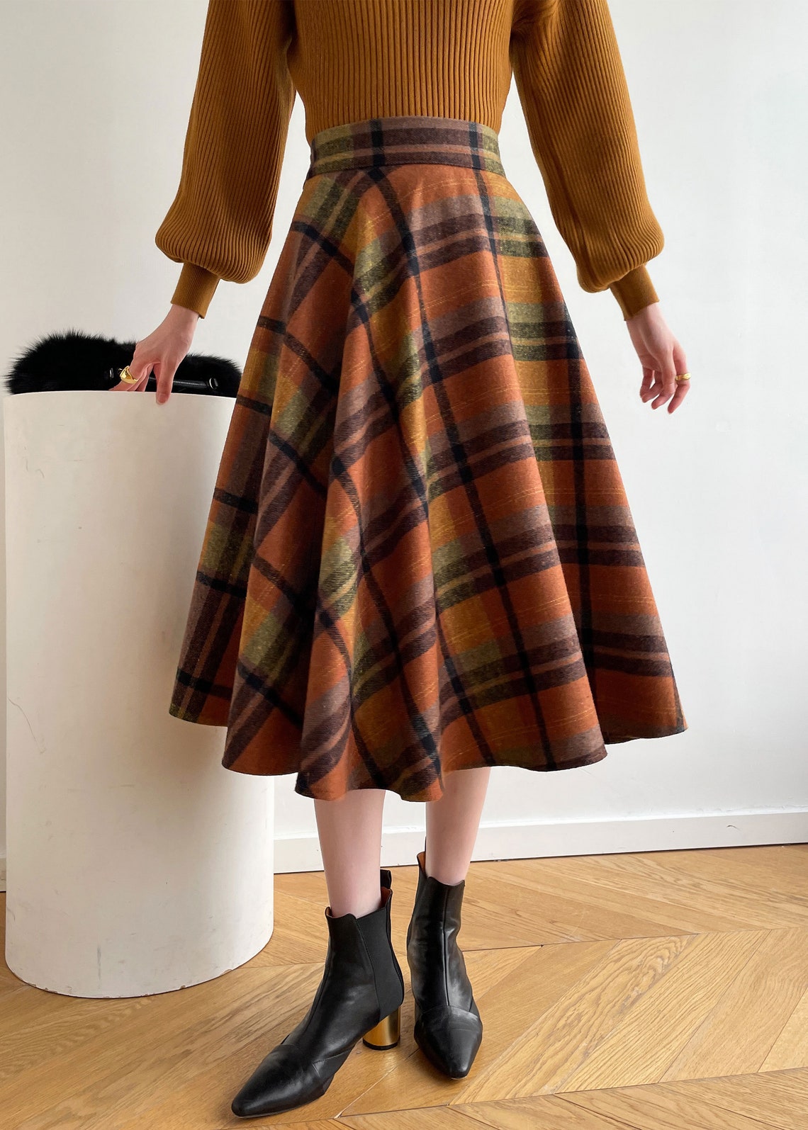 Plaid Wool Midi Skirt Women Plaid Skirt Wool Circle Skirt Etsy