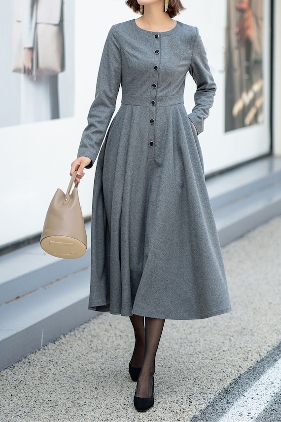 Gray Wool Dress, Midi Wool Dress, Winter Wool Dress Women, Long Sleeves  Wool Dress, Fit and Flare Dress, Womens Dresses, Custom Dress L0636 - Etsy