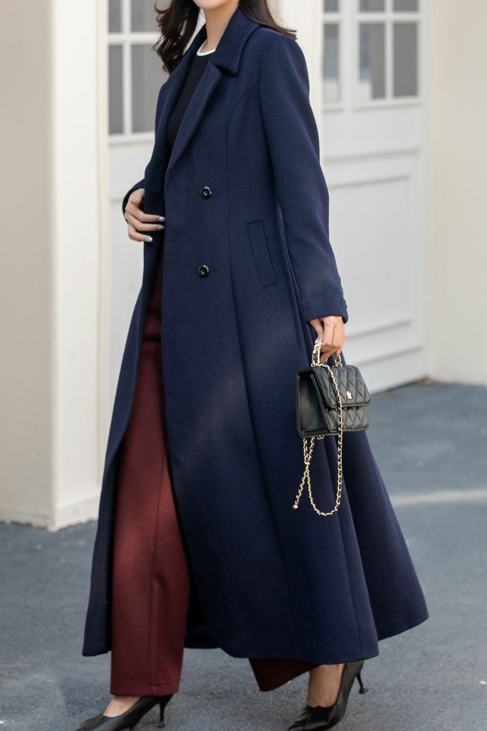 Navy Blue Wool Coat, Women's Long Wool Coat, Winter Coat Women