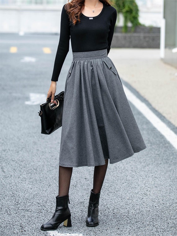 Gray Wool A-line Skirt: Custom Midi Swing Skirt L0479 - Etsy