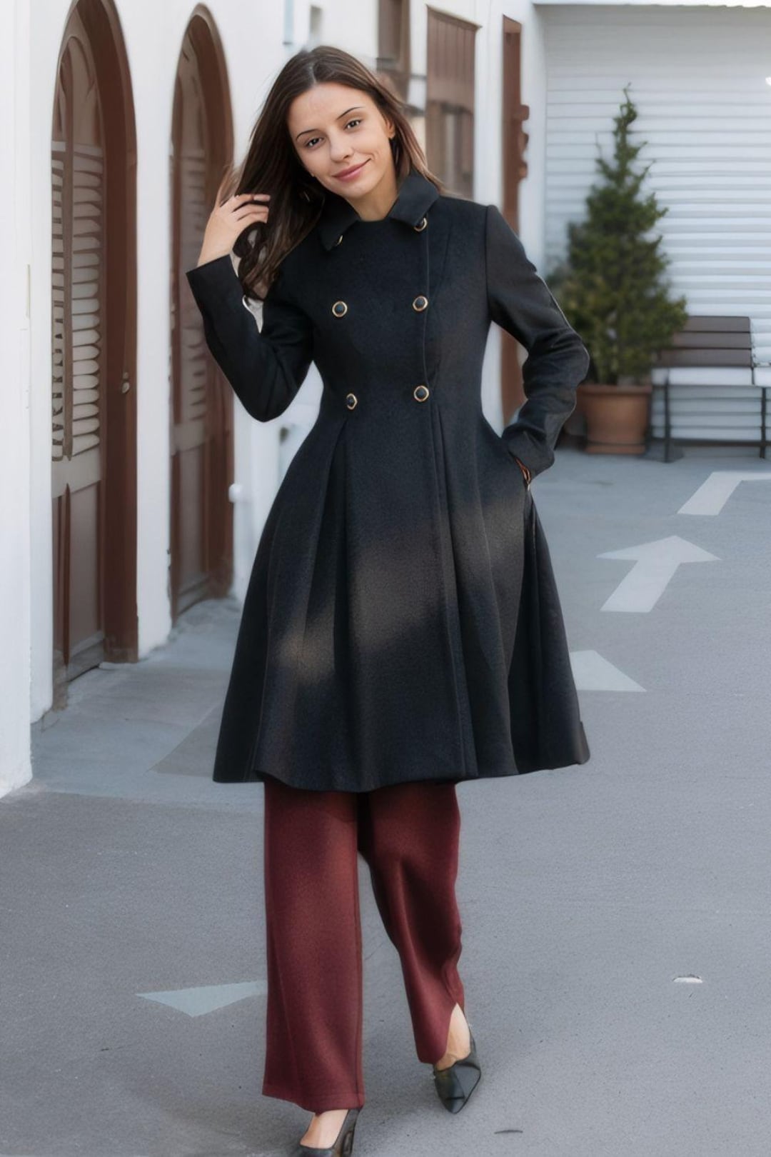 Stylish Black Stand Collar Oversized Print Pockets Fine Cotton Filled Puffer Wool Coats Winter