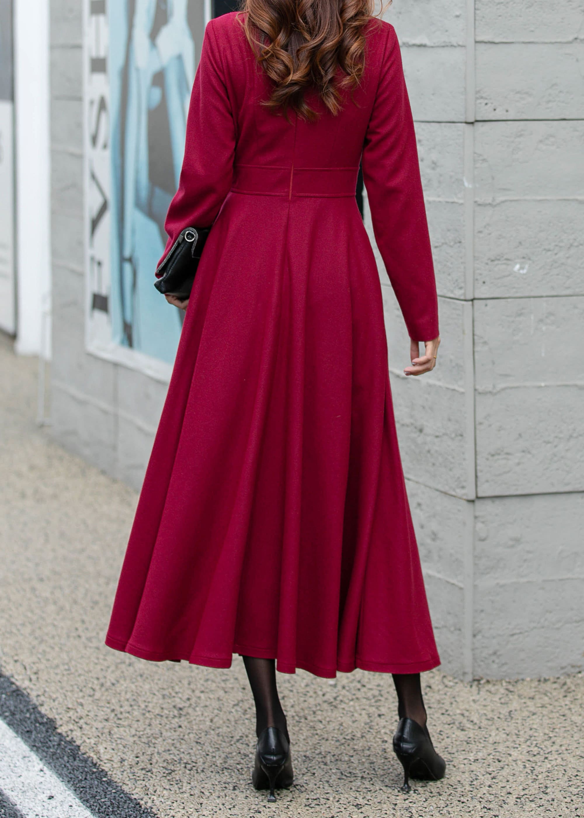 red wool dress long sleeve Winter Wool Dress, Wine Red Wool Dress, Long Sleeves Dress, Fit and Flare Dress, Elegant Dress, Womens Dresses, Made to Order L0442