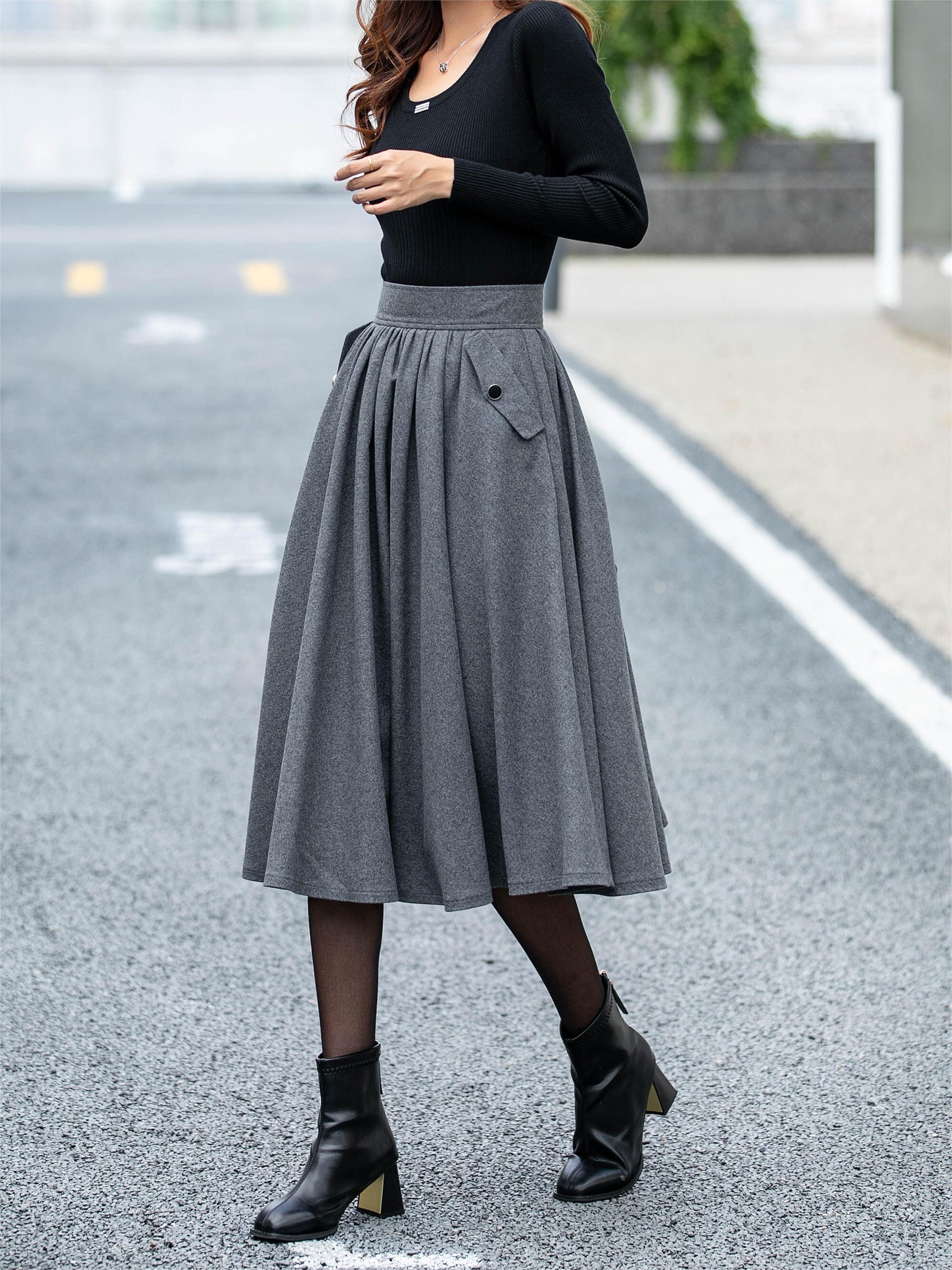 Gray Wool A-line Skirt: Custom Midi Swing Skirt L0479 - Etsy