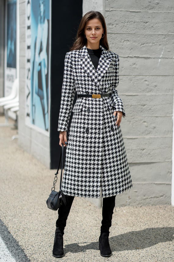 Houndstooth Wool Coat, Womens Long Wool Coat, Winter Coat Women