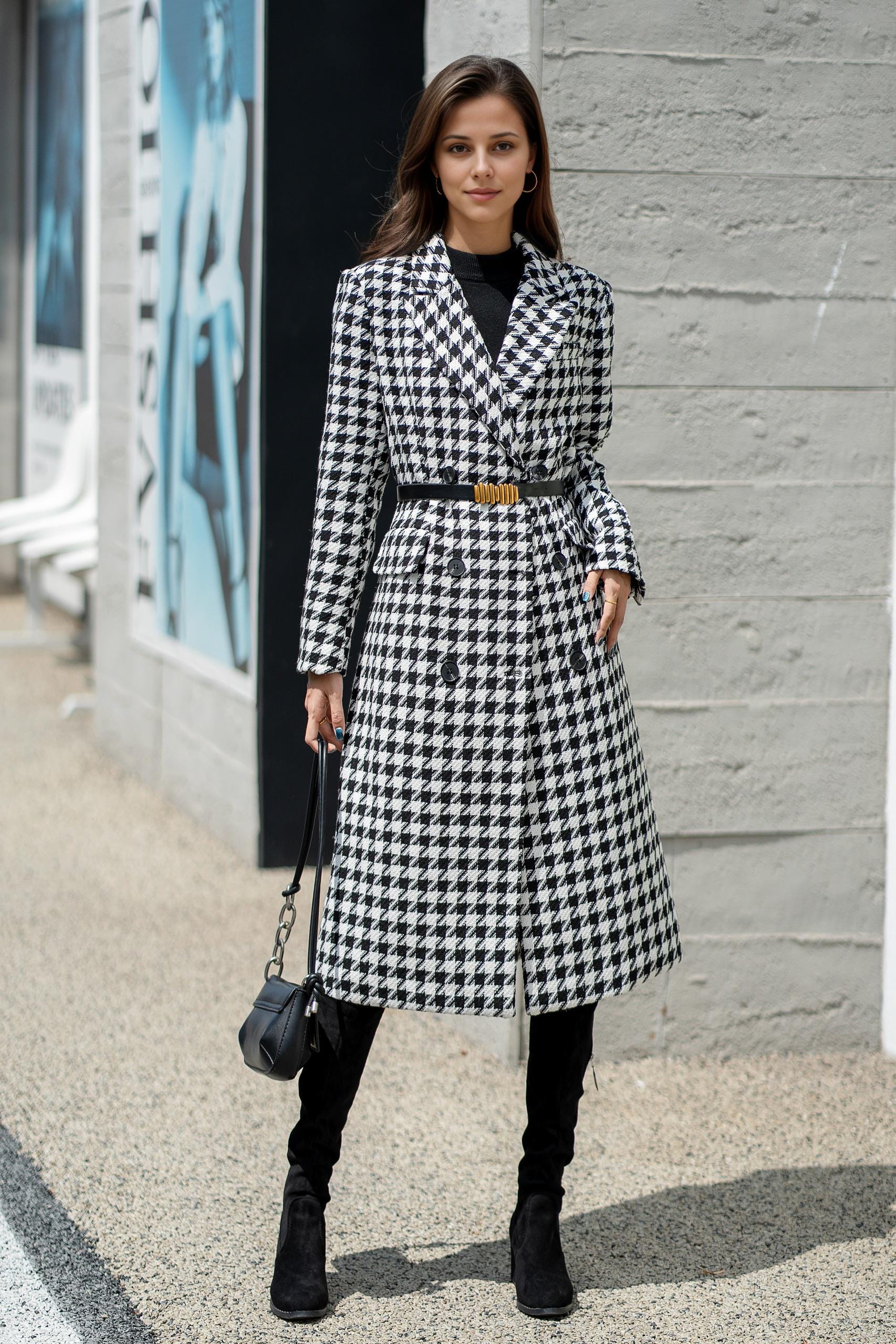Houndstooth wool coat, Womens Long Wool Coat, Winter Coat women, Winter wool Coat, Double breasted wool Coat with pockets, Custom Coat L0544
