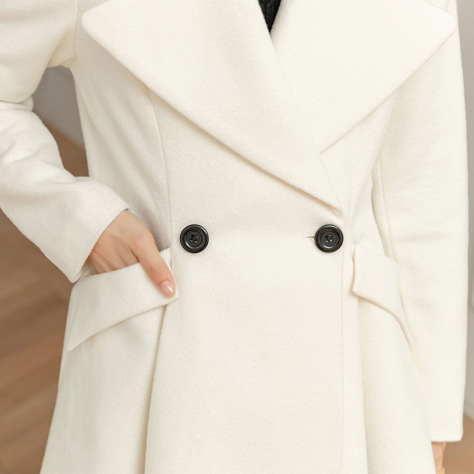Stylish White Wool Blend Long Coat for Women, Elegant Double
