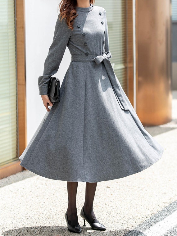 fit & flare winter dress Wool Blend Fit & Flare Midi Dress: Elegant Winter Party Outfit, fall style gift 6524#