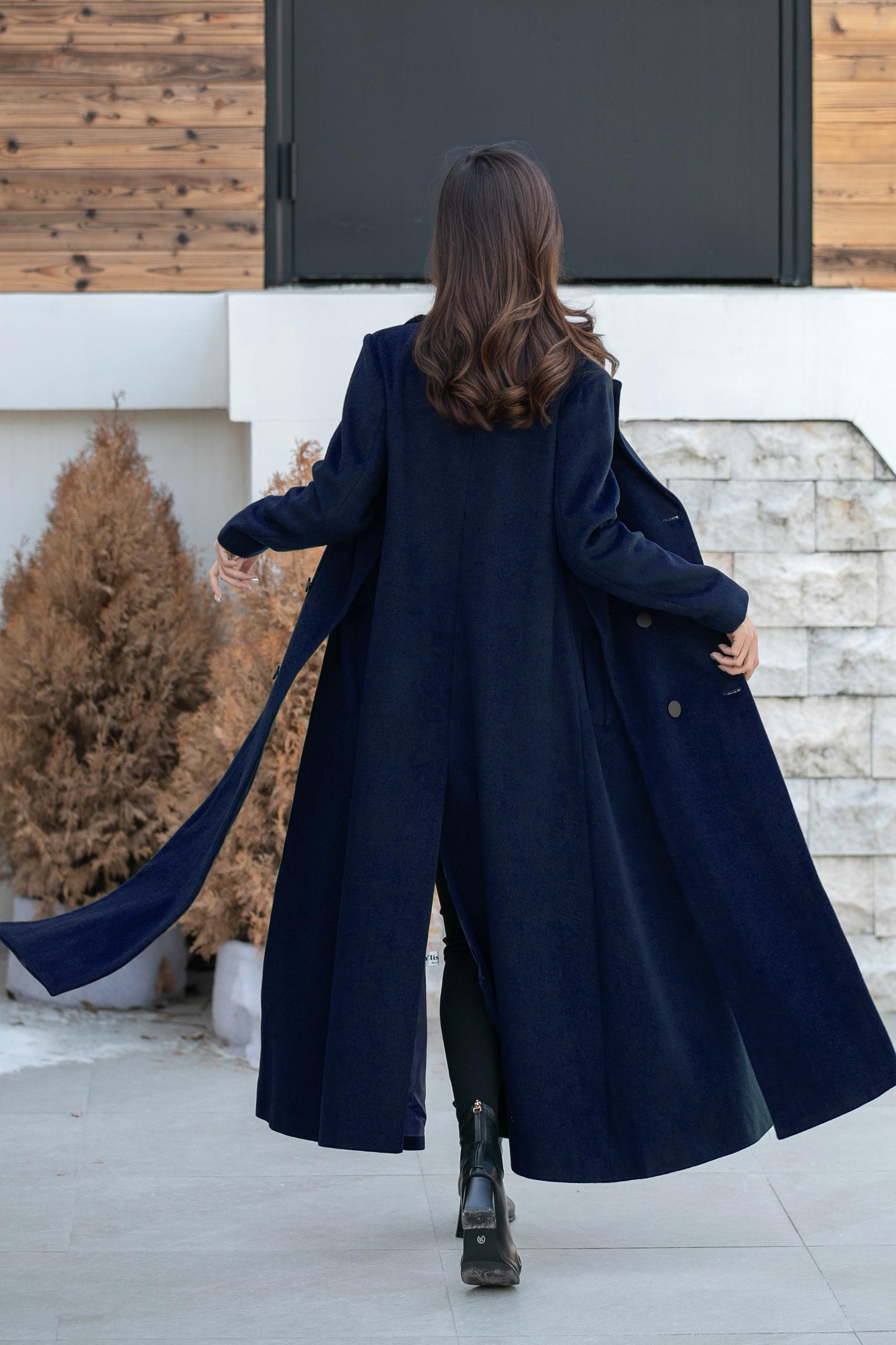 Chic Autumn Winter Wool Blend Long Coat, Elegant Navy Trench Wool