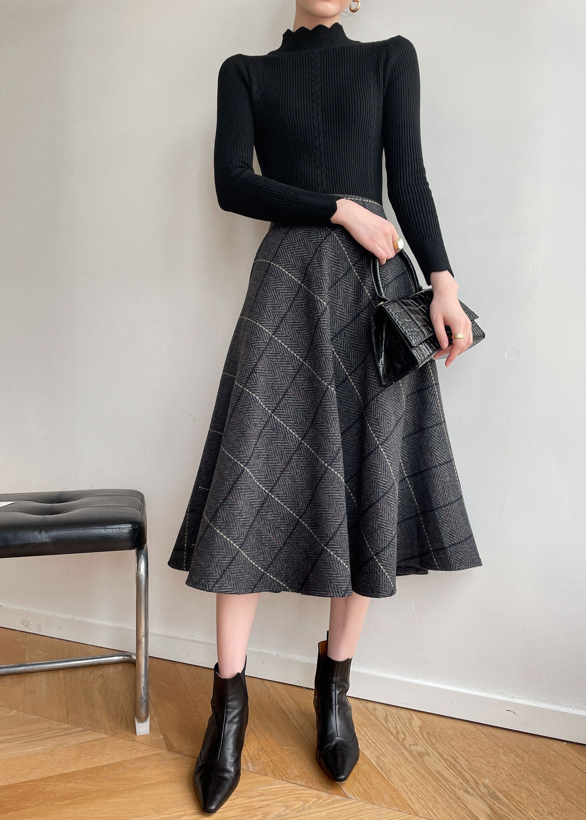 Gray Wool Midi Plaid Skirt, A-line Wool Skirt, Winter Warm