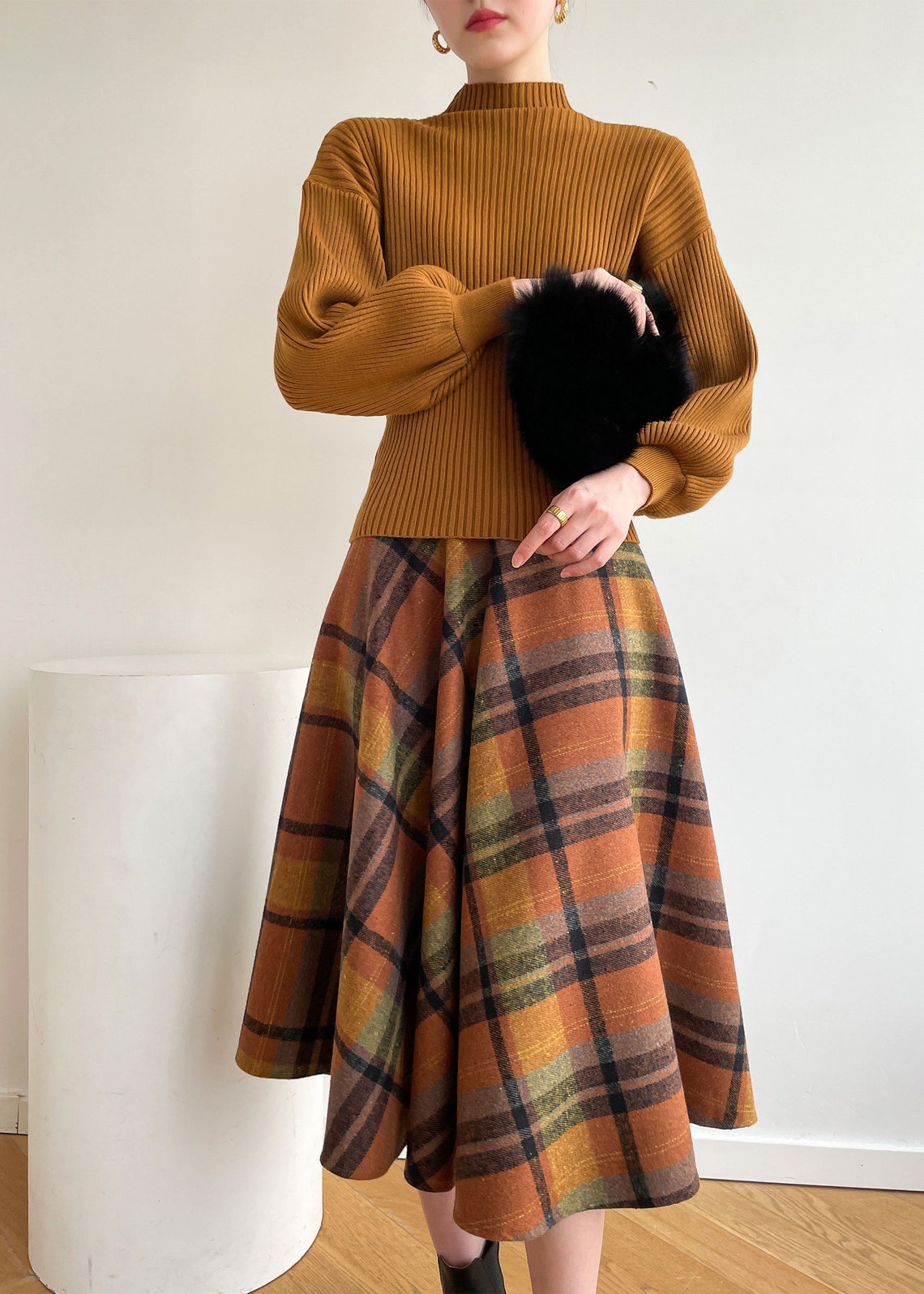Plaid Wool Midi Skirt Women Plaid Skirt Wool Circle Skirt Etsy