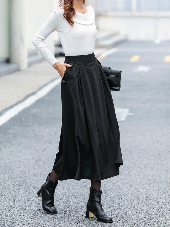Black Midi Skirt Womens Swing Skirt High Waisted Skirt A Line Skirt for Women Autumn Winter Skirt Custom Skirt Handmade Skirt L0465 Etsy Canada