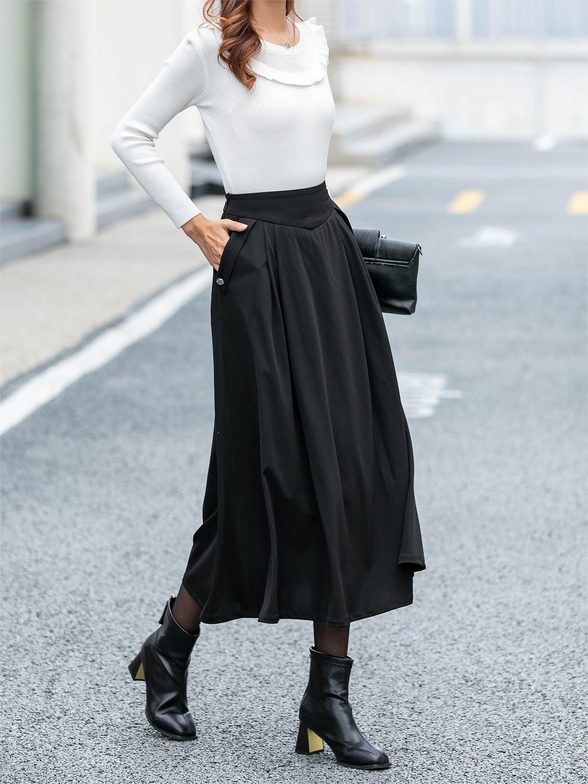 Black Midi Skirt, Womens Swing Skirt, High Waisted Skirt, A