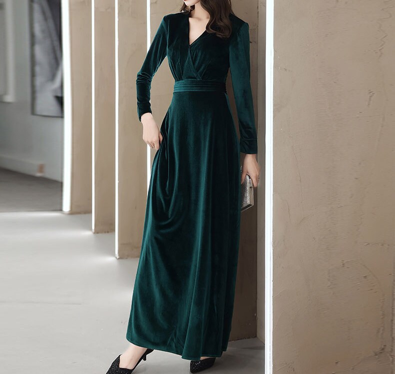 Women's Green Maxi Velvet Dress Long Sleeve Bridesmaid - Etsy