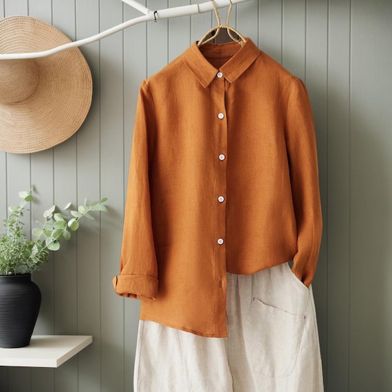 Linen shirt, Oversized Linen shirt, Classic Linen shirt, Orange Linen shirt for women, Washed linen shirt, Casual Linen shirt L0039