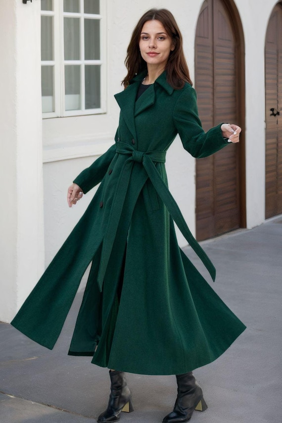 Chic Autumn Winter Wool Blend Long Coat, Elegant Green Trench Wool