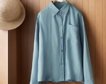 Linen shirt, Oversized Linen shirt, Classic Linen shirt, Blue Linen shirt for women, Washed linen shirt, Casual Linen shirt L0626