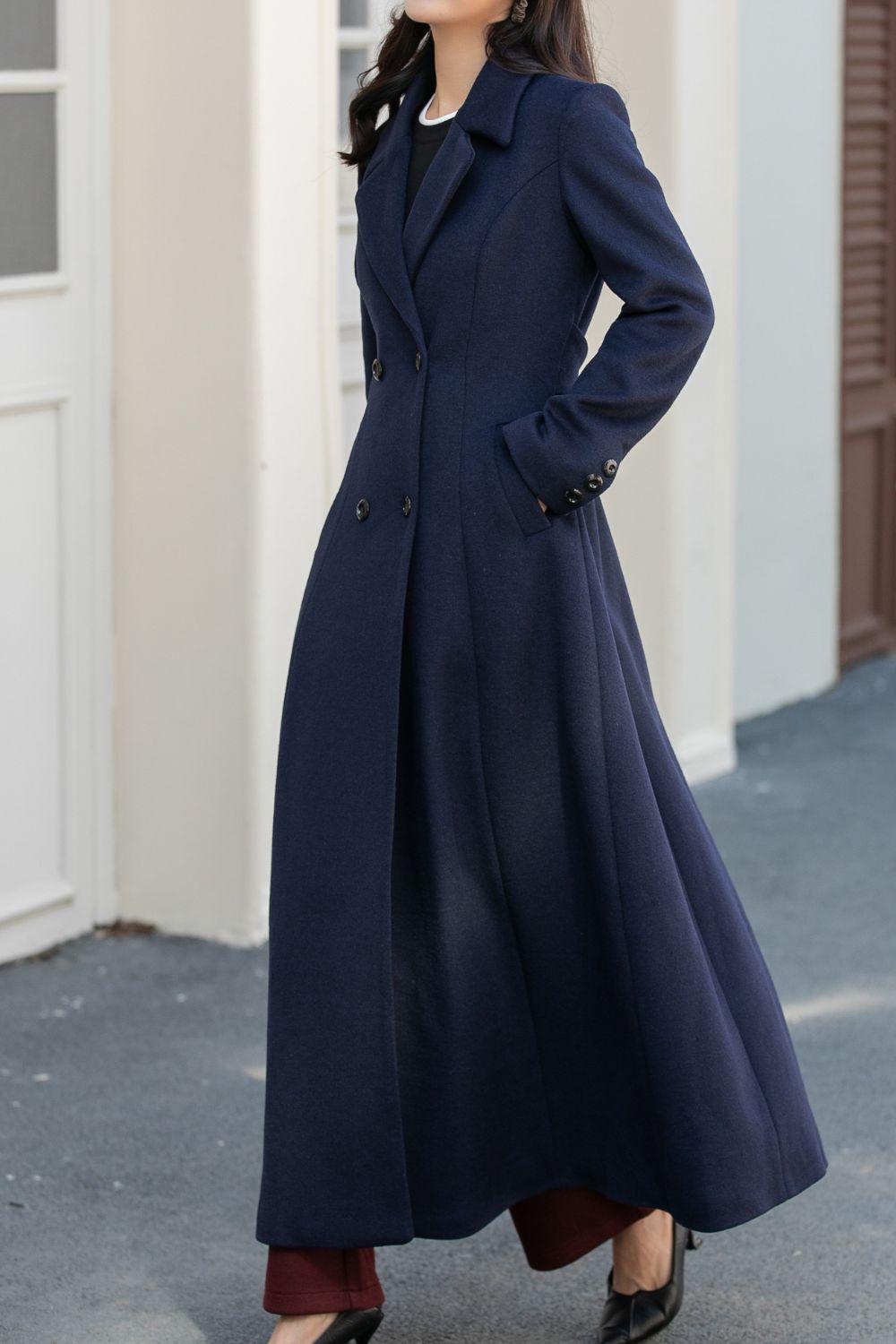 Navy Blue Wool Coat, Women's Long Wool Coat, Winter Coat Women