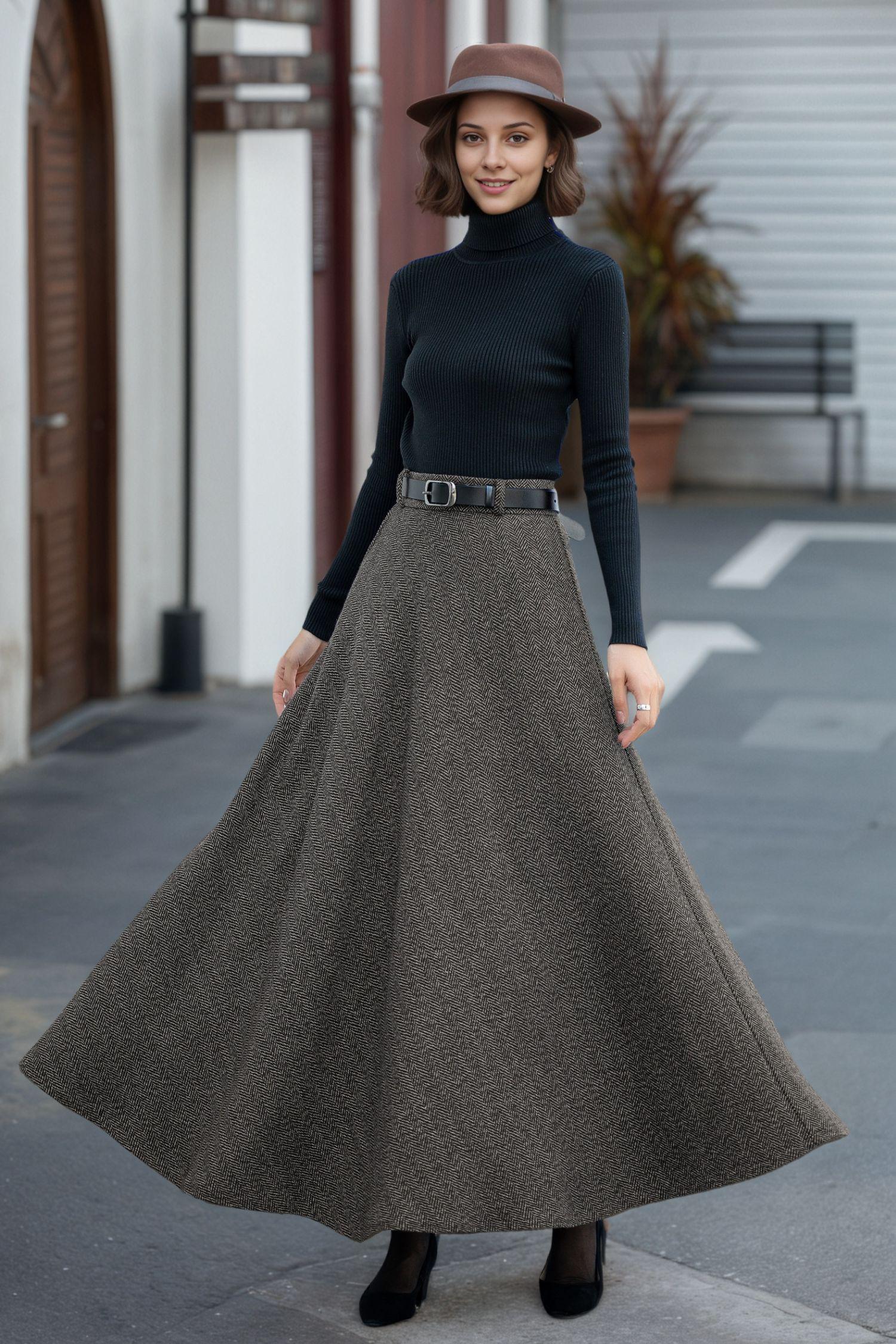 Wool Maxi Herringbone Skirt, Wool skirt, A-Line Wool Skirt, Winter Warm wool Skirt, Wool Skirt women, Womens wool skirt, Custom Skirt L0760