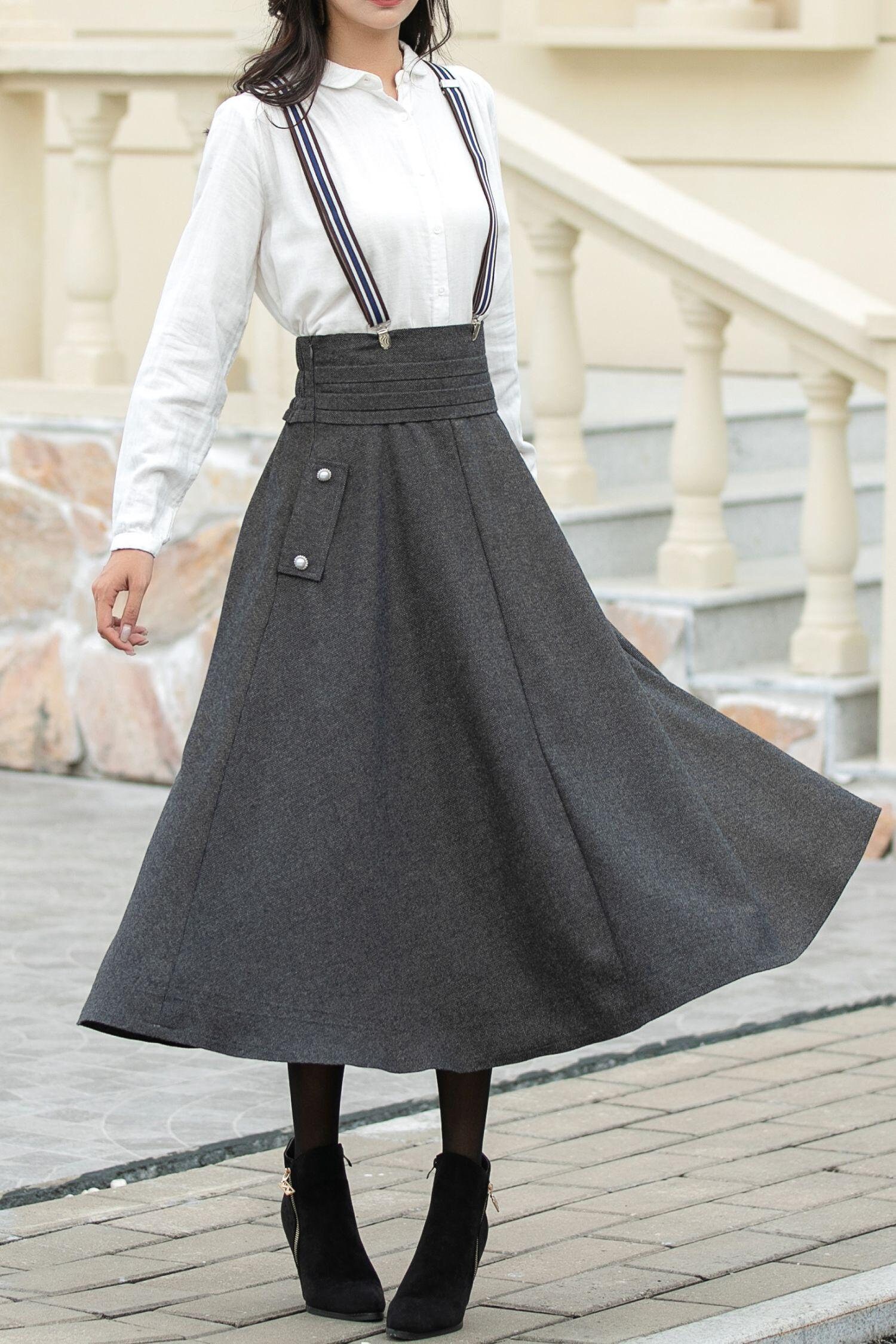 Suspender Wool Skirt, Womens Gray Wool Skirt, Midi Wool Skirt