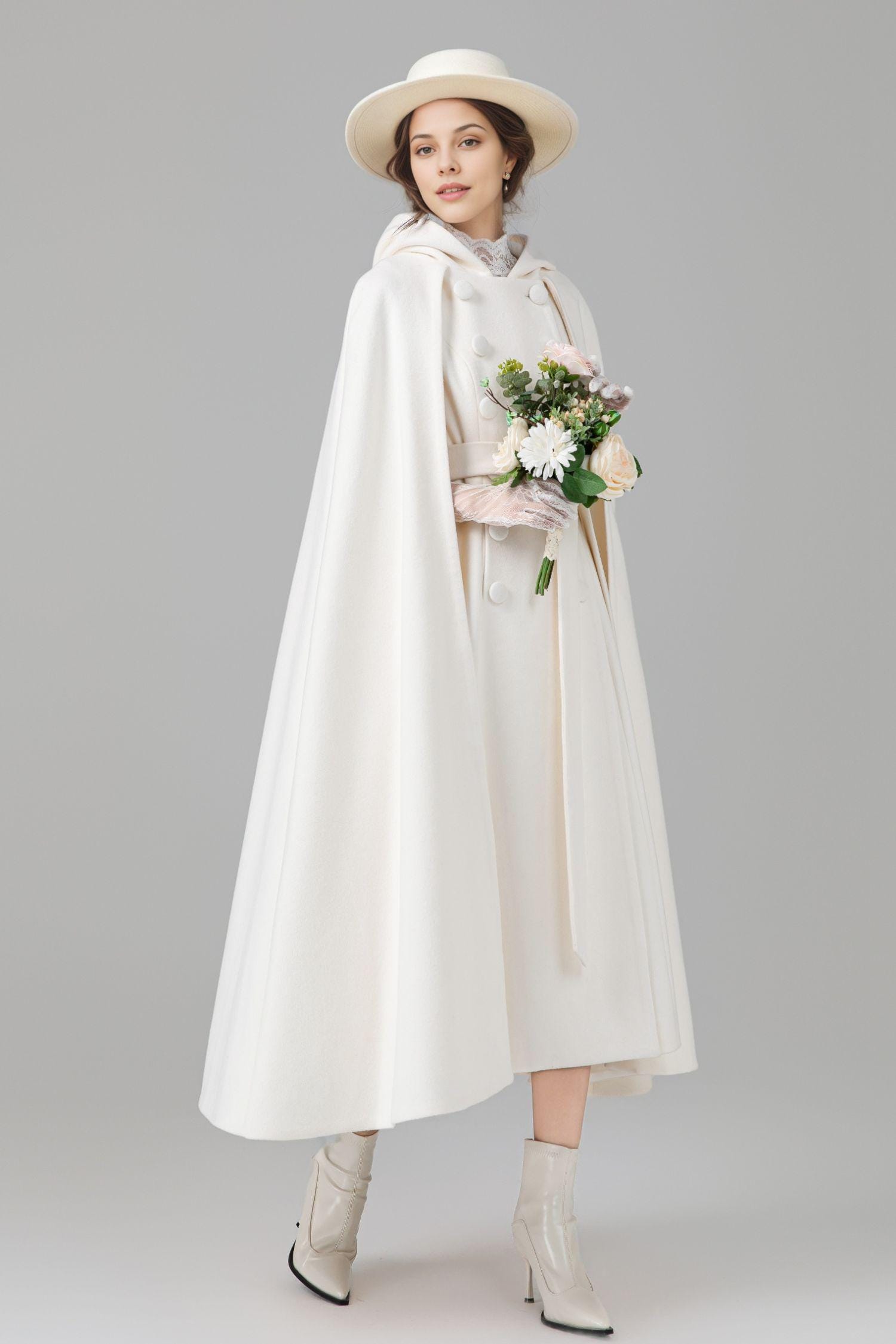 Ivory Wool Hooded Bridal Cape – Handmade Winter Wedding Cloak With Belt ...