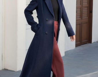 Navy Blue Wool Coat, Women's Long Wool Coat, Winter Coat Women