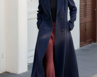 Navy Blue Wool Coat, Women's Long Wool Coat, Winter Coat