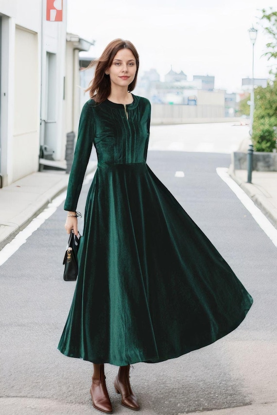 knee length dresses for ladies Elegant Long Dark Green Velvet Front Split Long Prom Dresses with Long Sleeves
