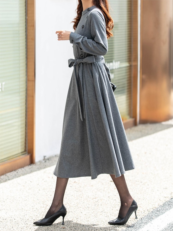 Gray Wool Midi Dress: Long Sleeve Fit and Flare Winter Dress L0473