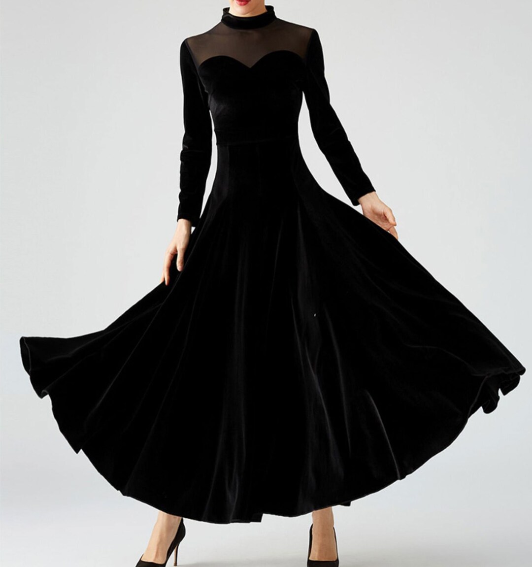 Women's Black Maxi Velvet Dress, Long Sleeve Swing Dress, Wedding Guest